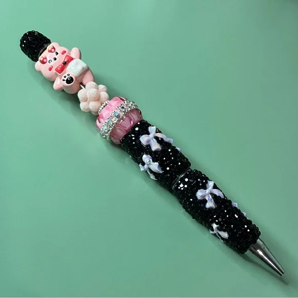 Cute Pink and Black Rhinestone Bow Bear Handmade Beaded Pen - Picture 5 of 6